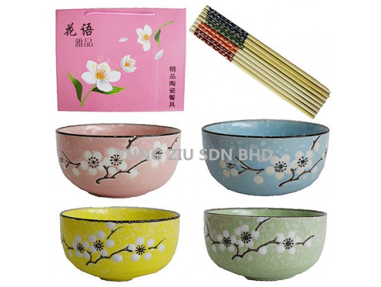 4 CERAMICS BOWLS+ 4 PAIR CHOPSTICKS CNY(10112)(1SET)